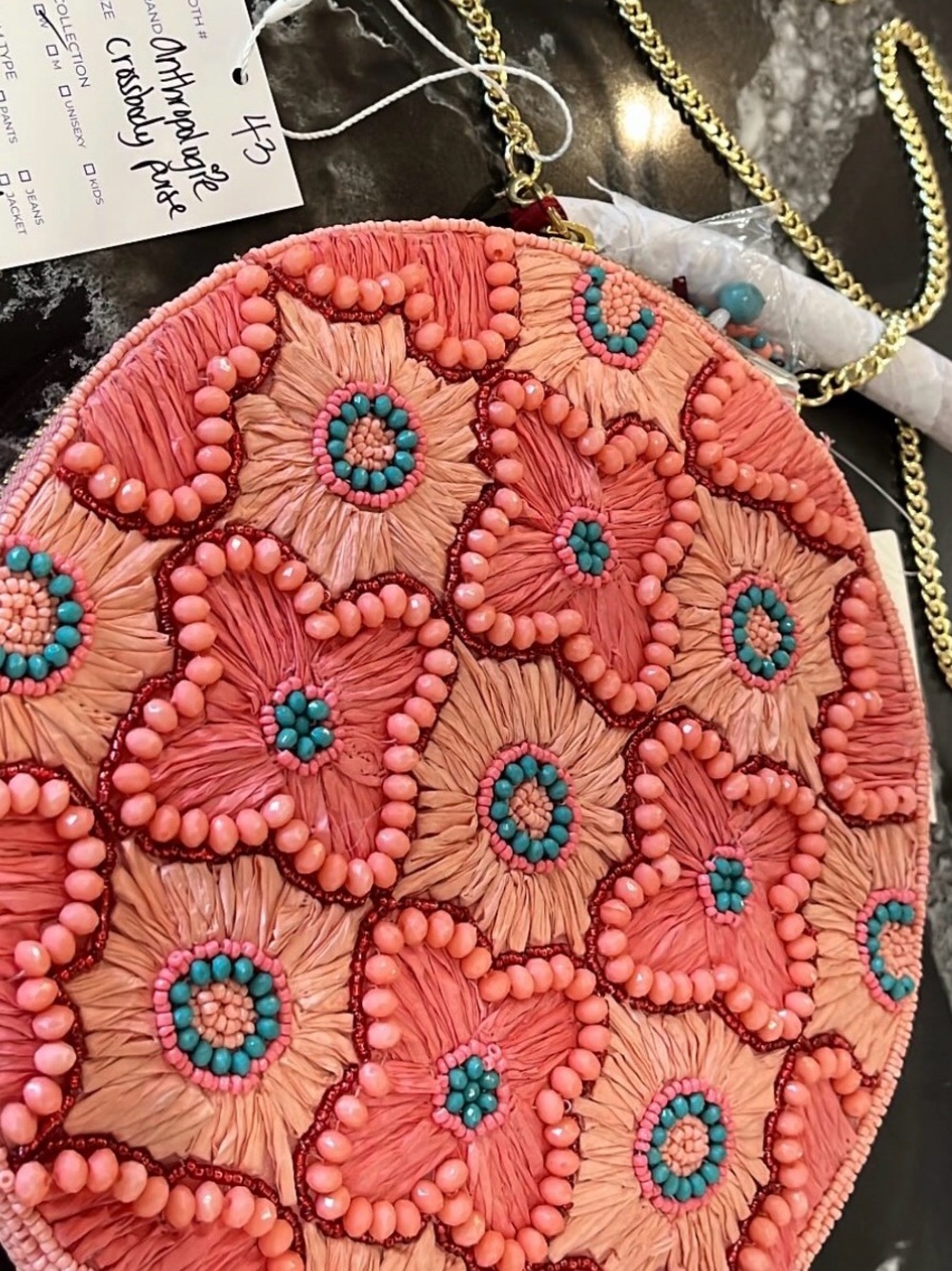 Anthropologie Coral Pink & Turquoise Beaded Floral Round Crossbody